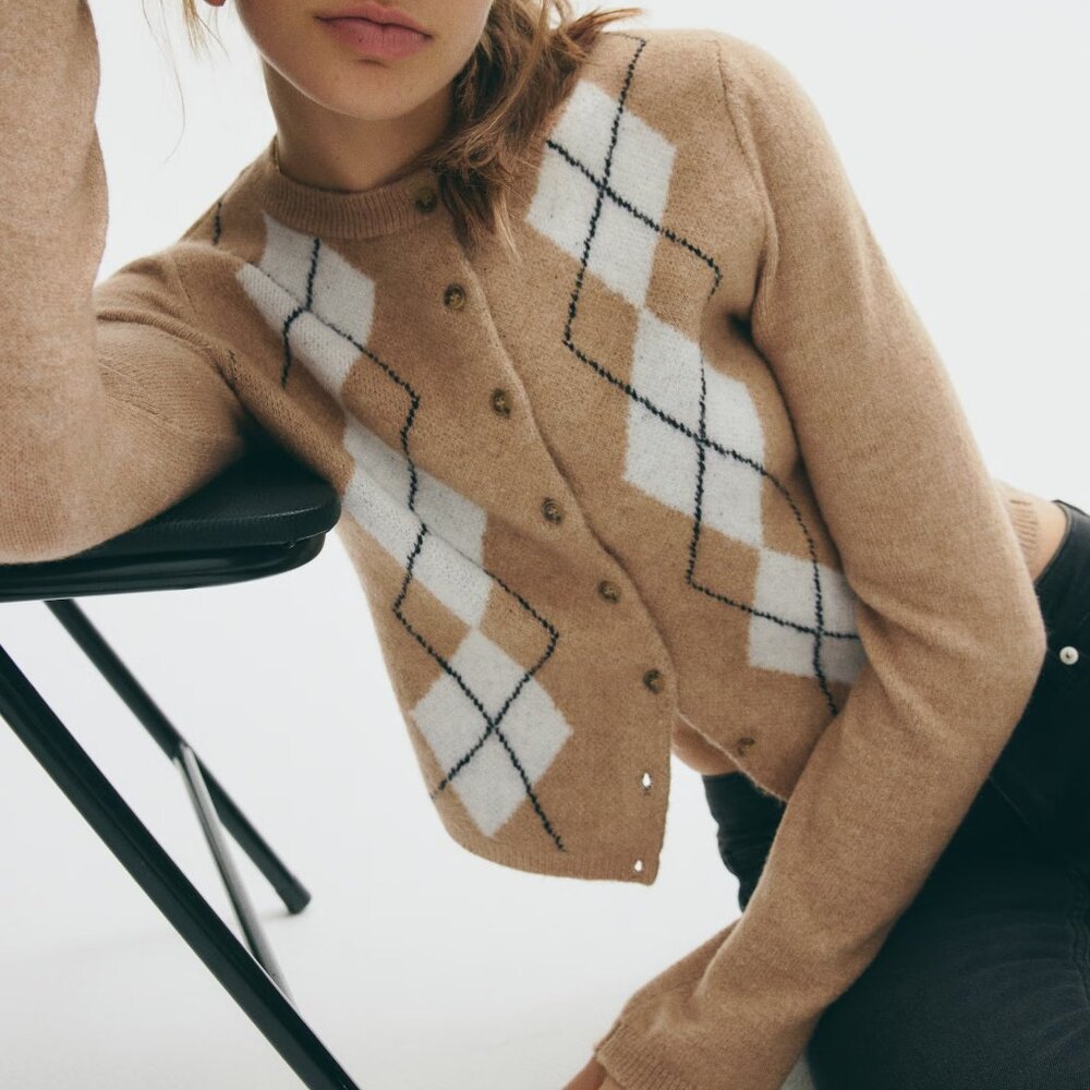 Camel Argyle Button-Front Cardigan Sweater